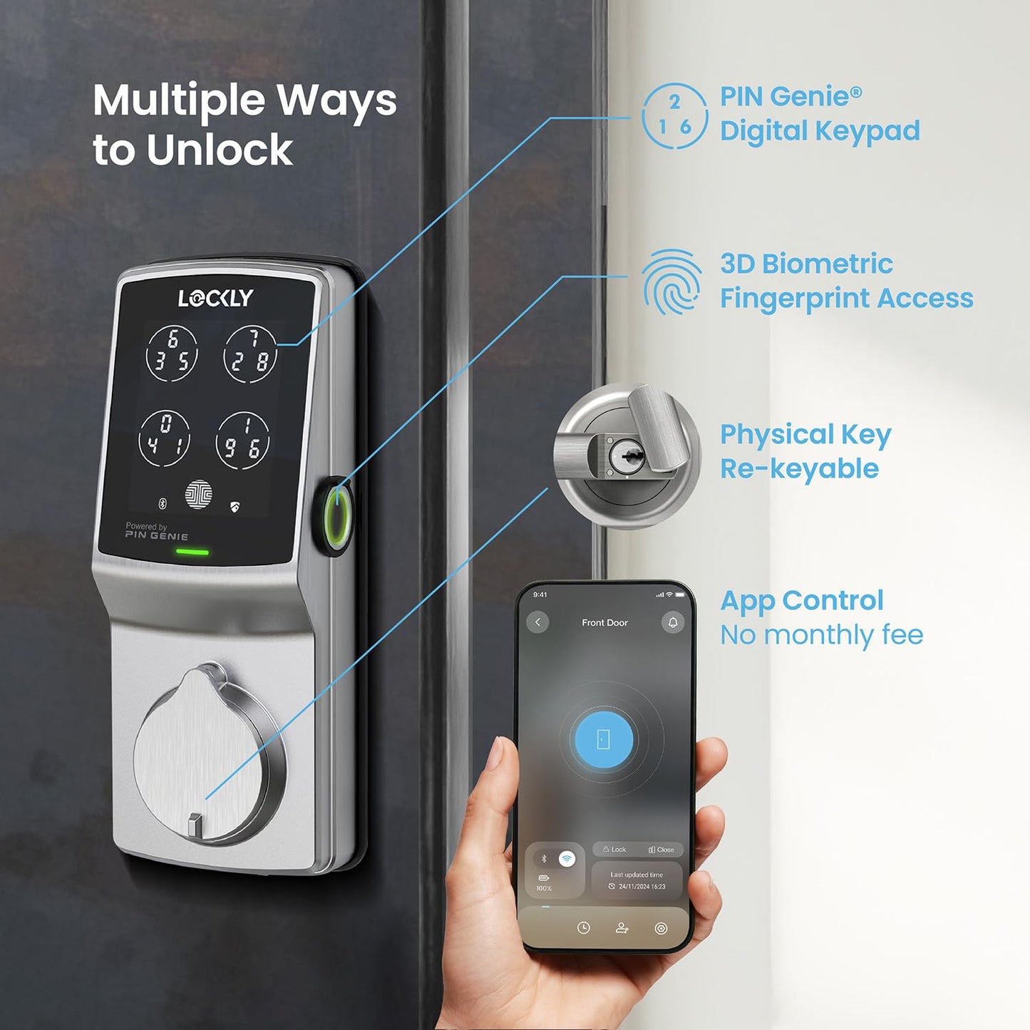 Lockly Secure Pro Smart Lock Fingerprint Keyless Entry Deadbolt PIN Genie Keypad WiFi Hub Alexa Google