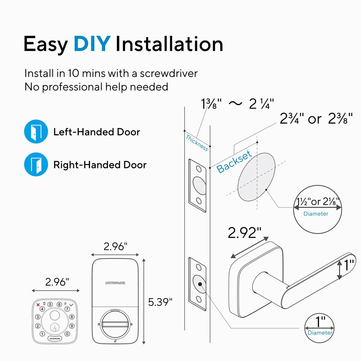 ULTRALOQ Smart Lock with Handle Fingerprint WiFi Keyless Entry App Control Alexa Google Auto Lock