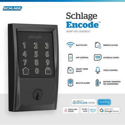 Schlage Encode Smart WiFi Deadbolt Lock Touchscreen Keyless Entry App Control Alexa Google Matte Black