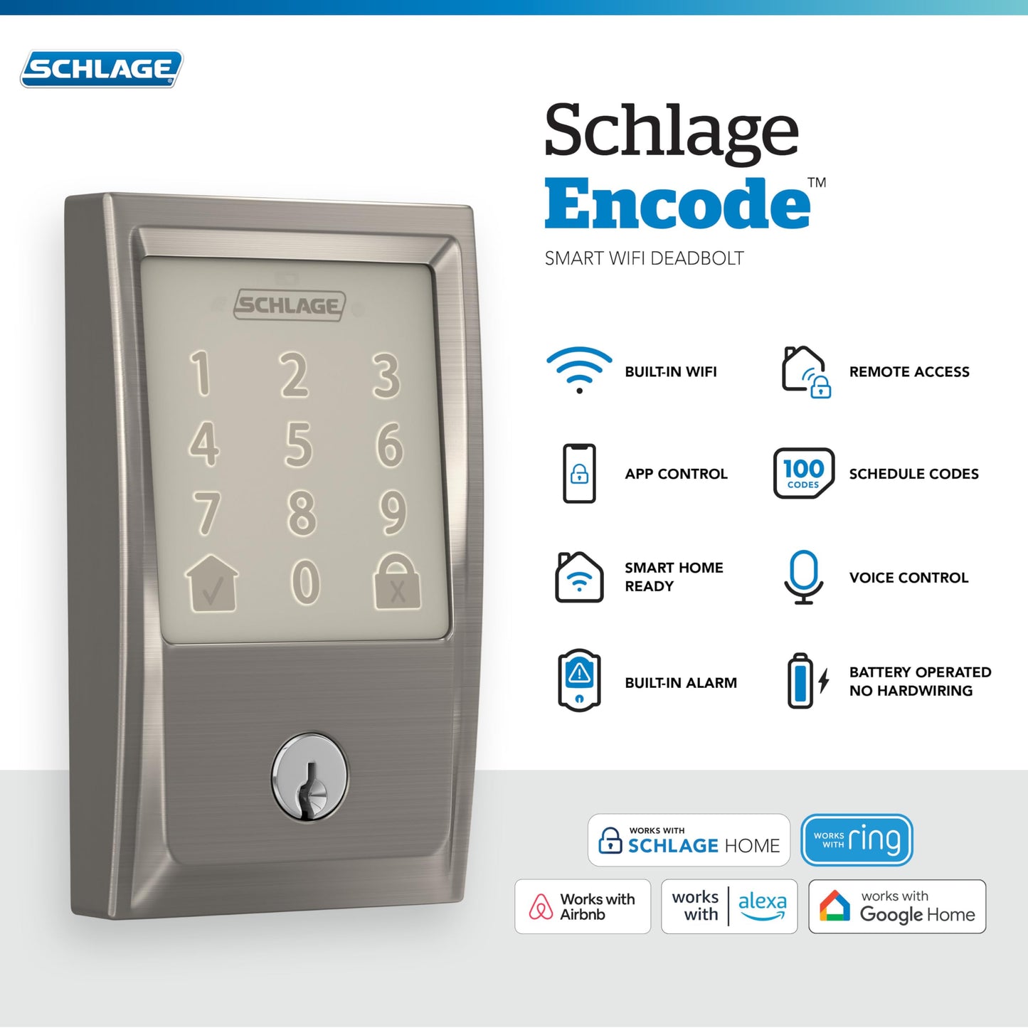 Schlage Encode Smart WiFi Deadbolt Lock Touchscreen Keyless Entry App Control Alexa Google Satin Nickel